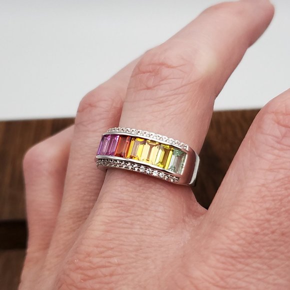 Size 9 925 Sterling Silver Beautiful Colorful Sapphire Gemstones Ring - Picture 4 of 10